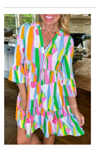 Abstract Ruffle Sleeve Dress