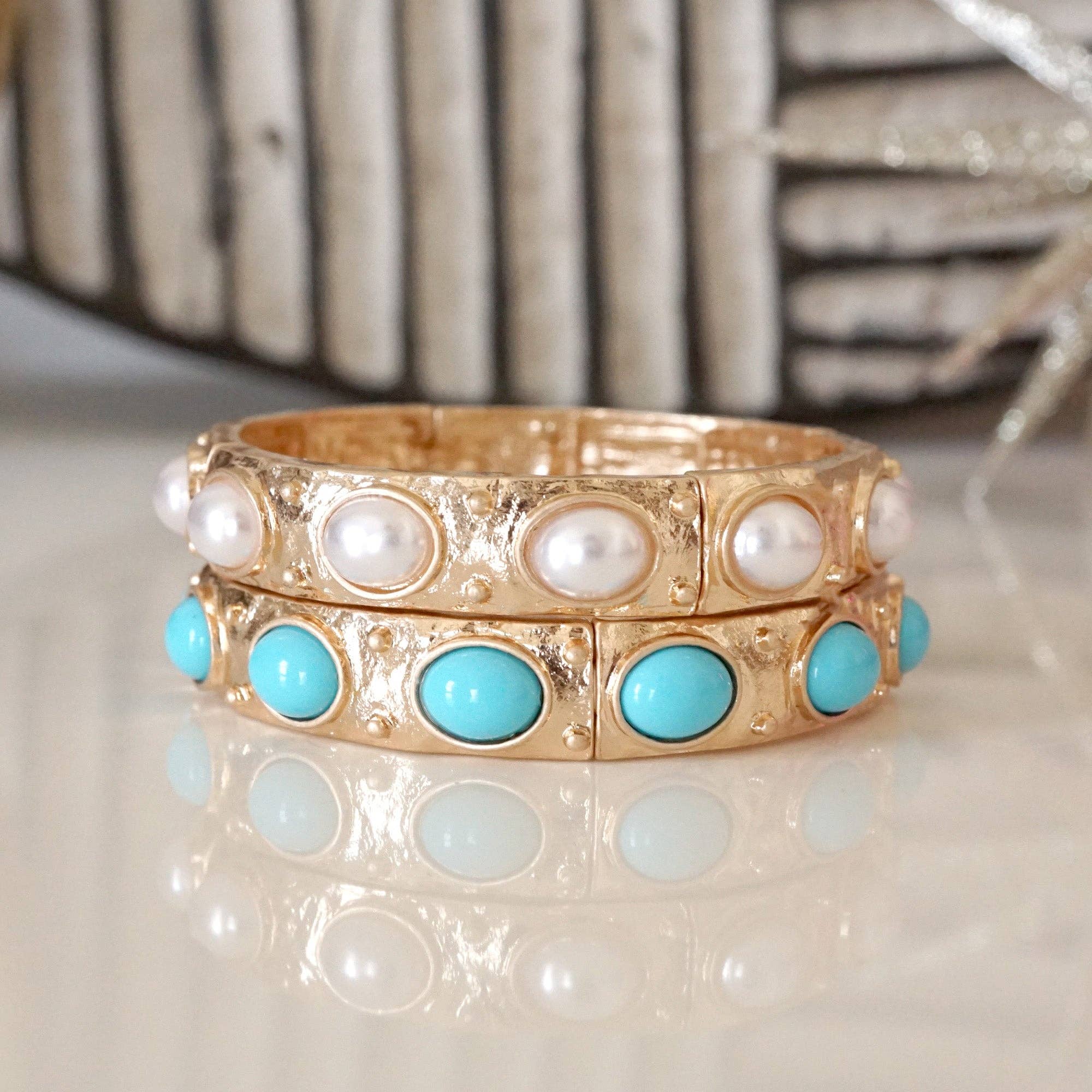 Classic Golden Stretchy Bangles – Pearl or Turquoise Accents