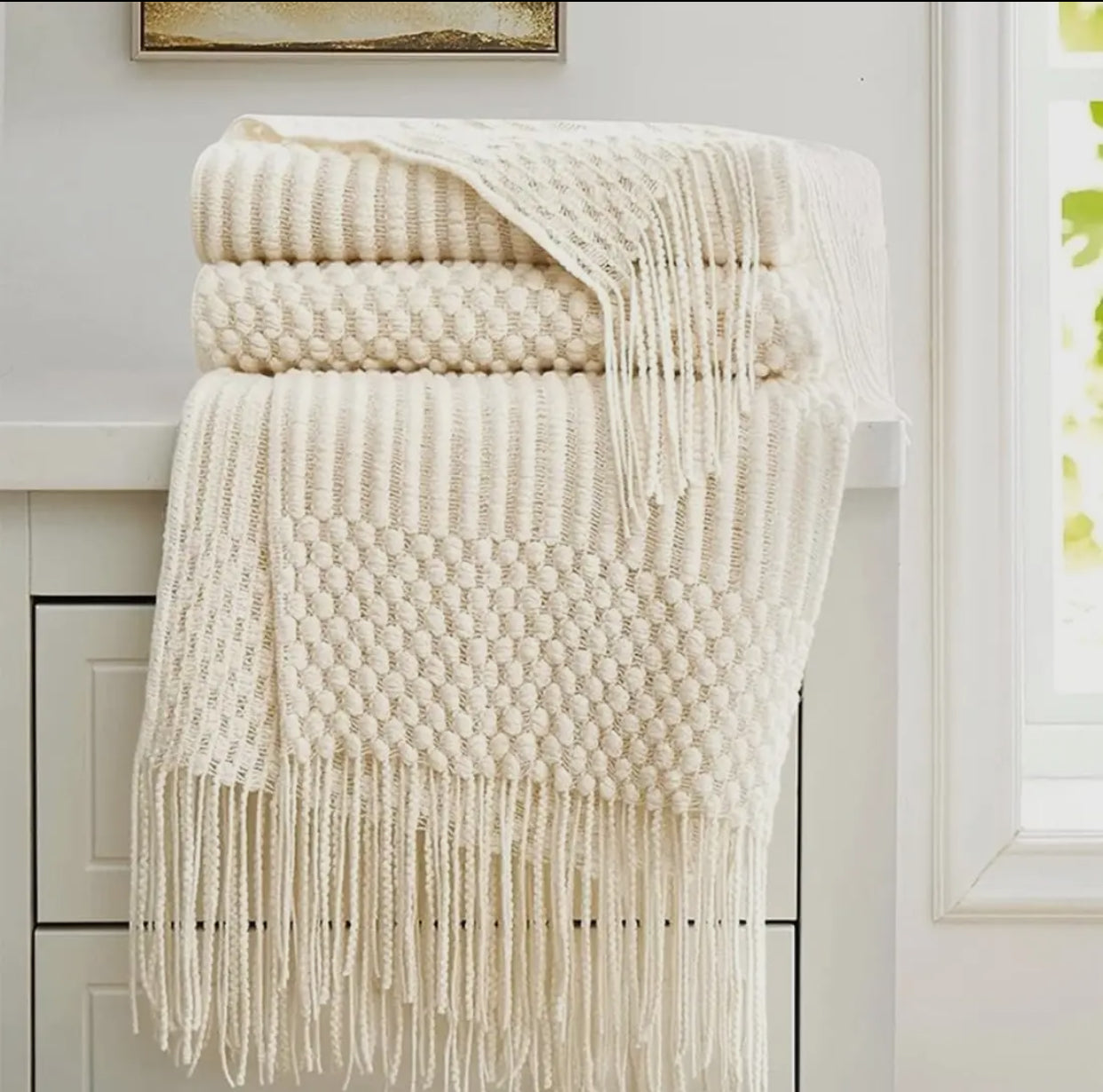 Ivory Waffle Striped Throw