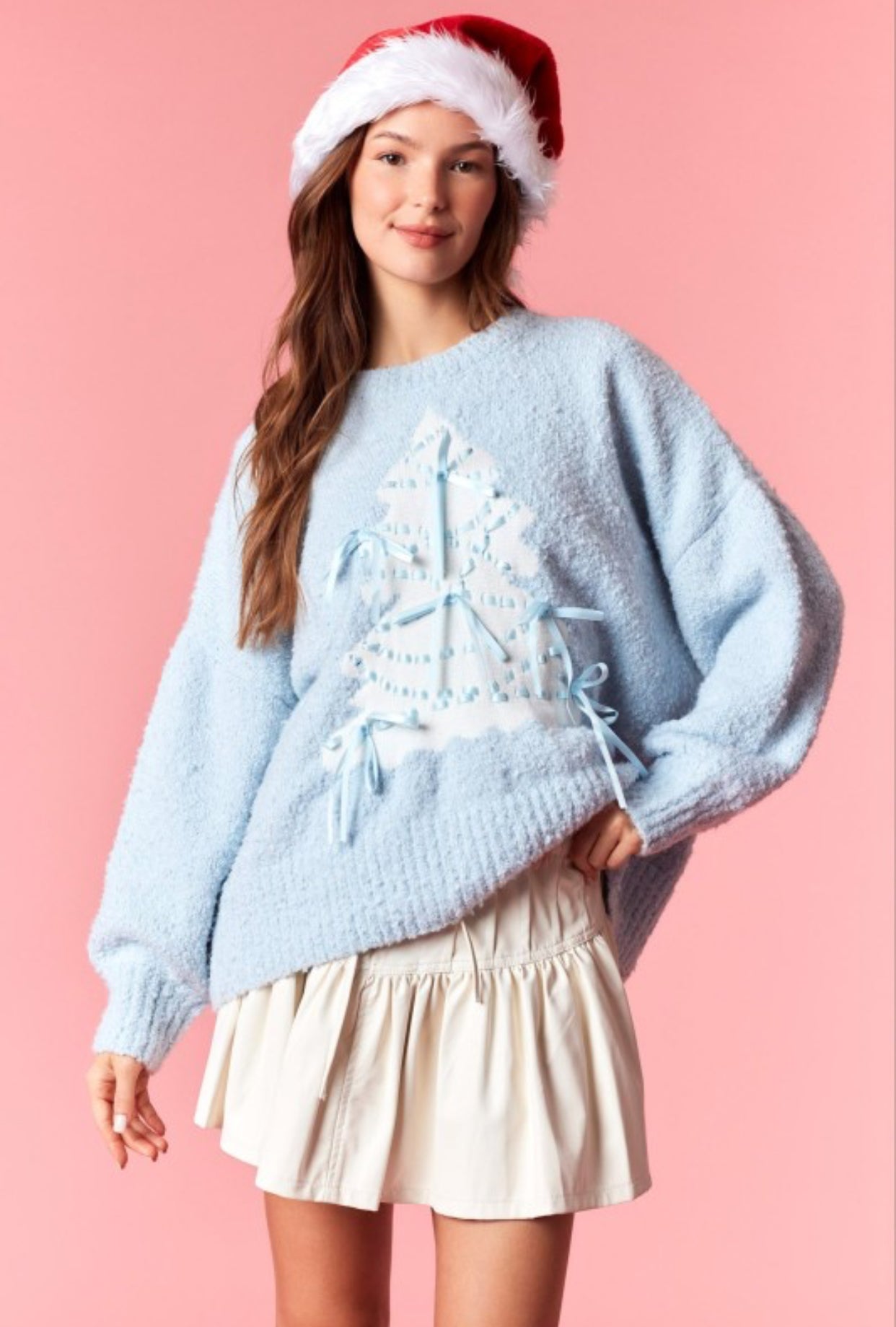 Baby Blue Christmas Tree & Satin Bow Sweater