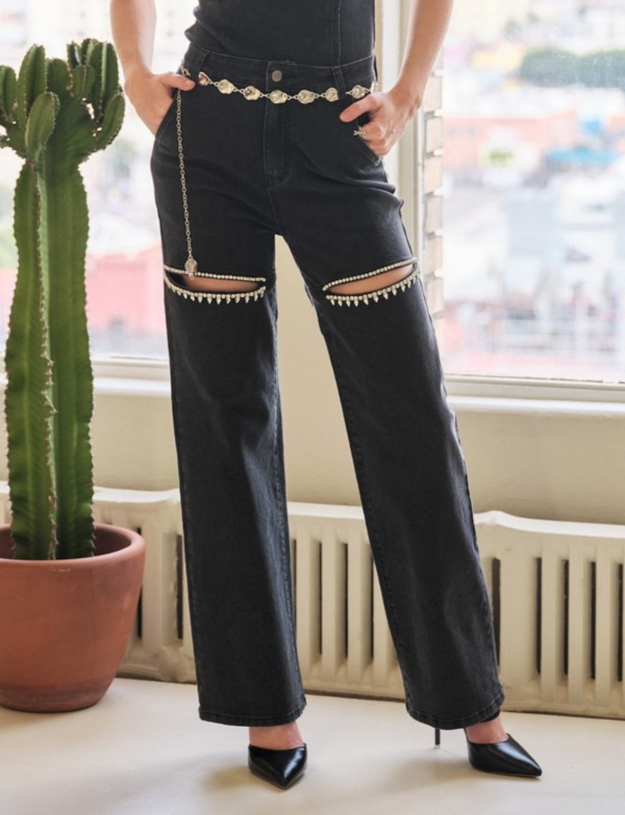 Rhinestone Cutout Jean- Black