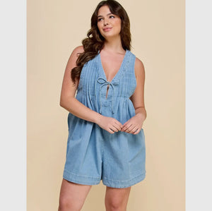 Pleated Denim Romper- 1X 2X 3X