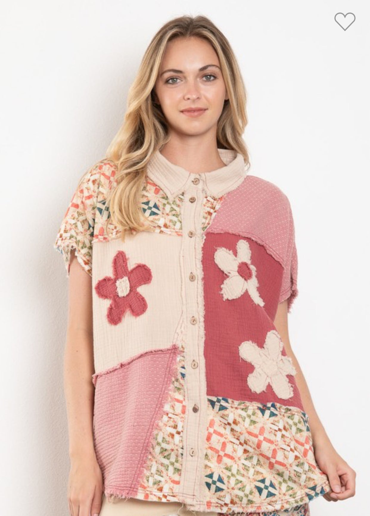 Patchwork Flower Top-Pink/Cream
