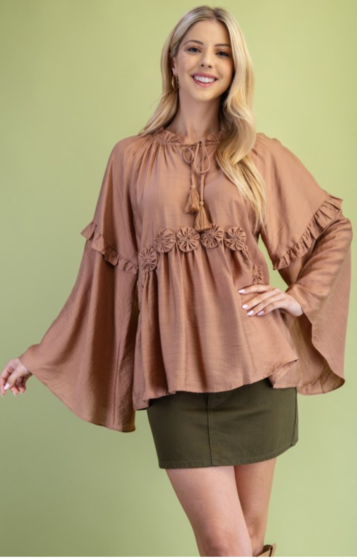 Rosette Bell Sleeve Top- Camel