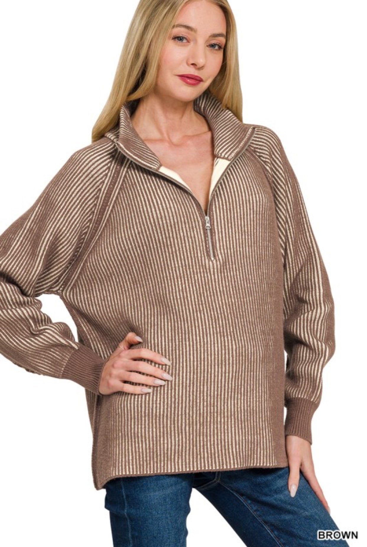 Two Tone Half Zip- Brown