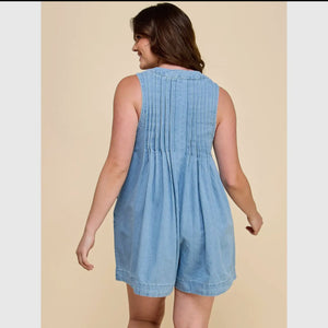 Pleated Denim Romper- 1X 2X 3X