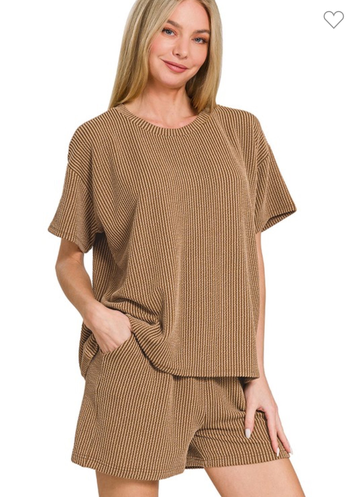 Ribbed Short Set-Brown S M L