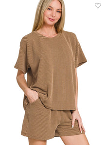 Ribbed Short Set-Brown S M L