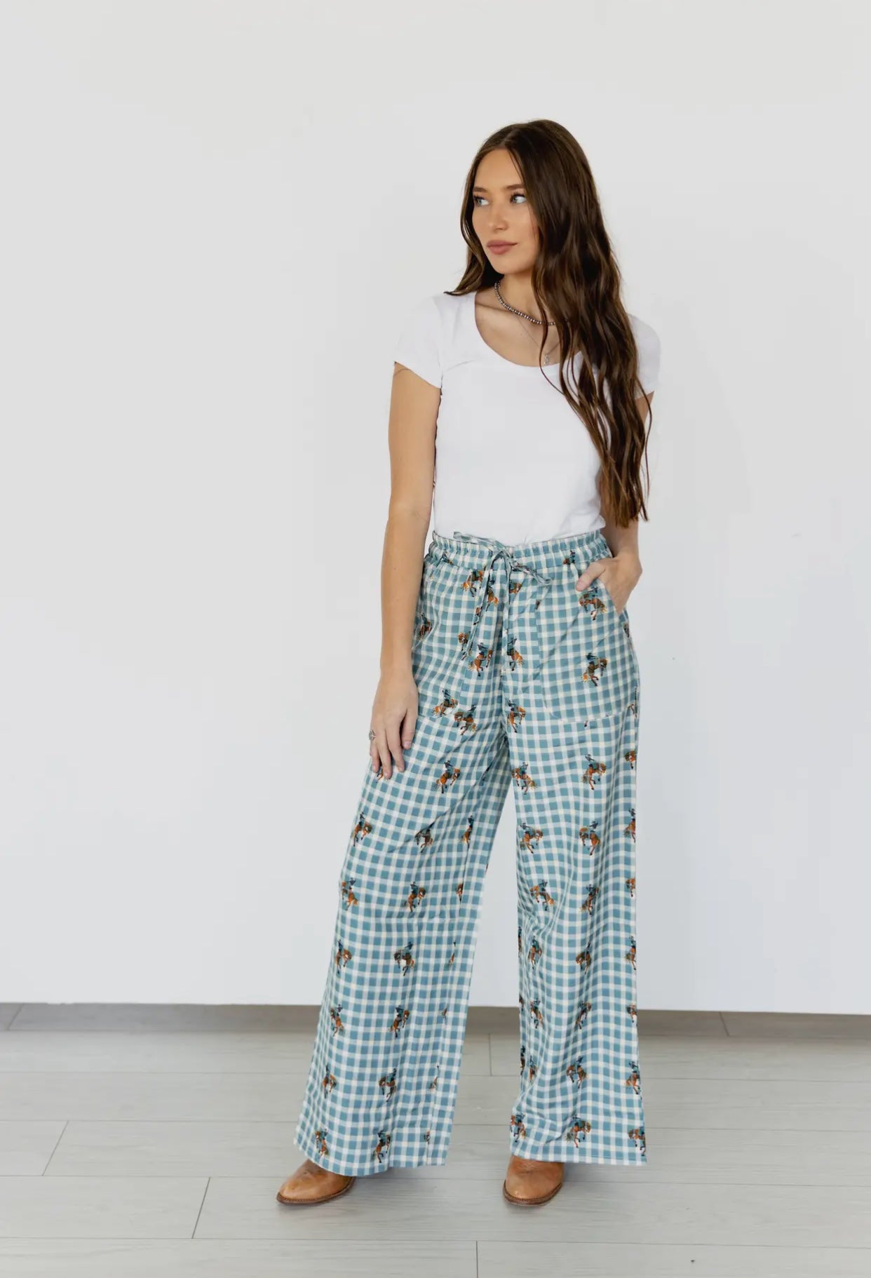 Teal Gingham Horse Print Pants