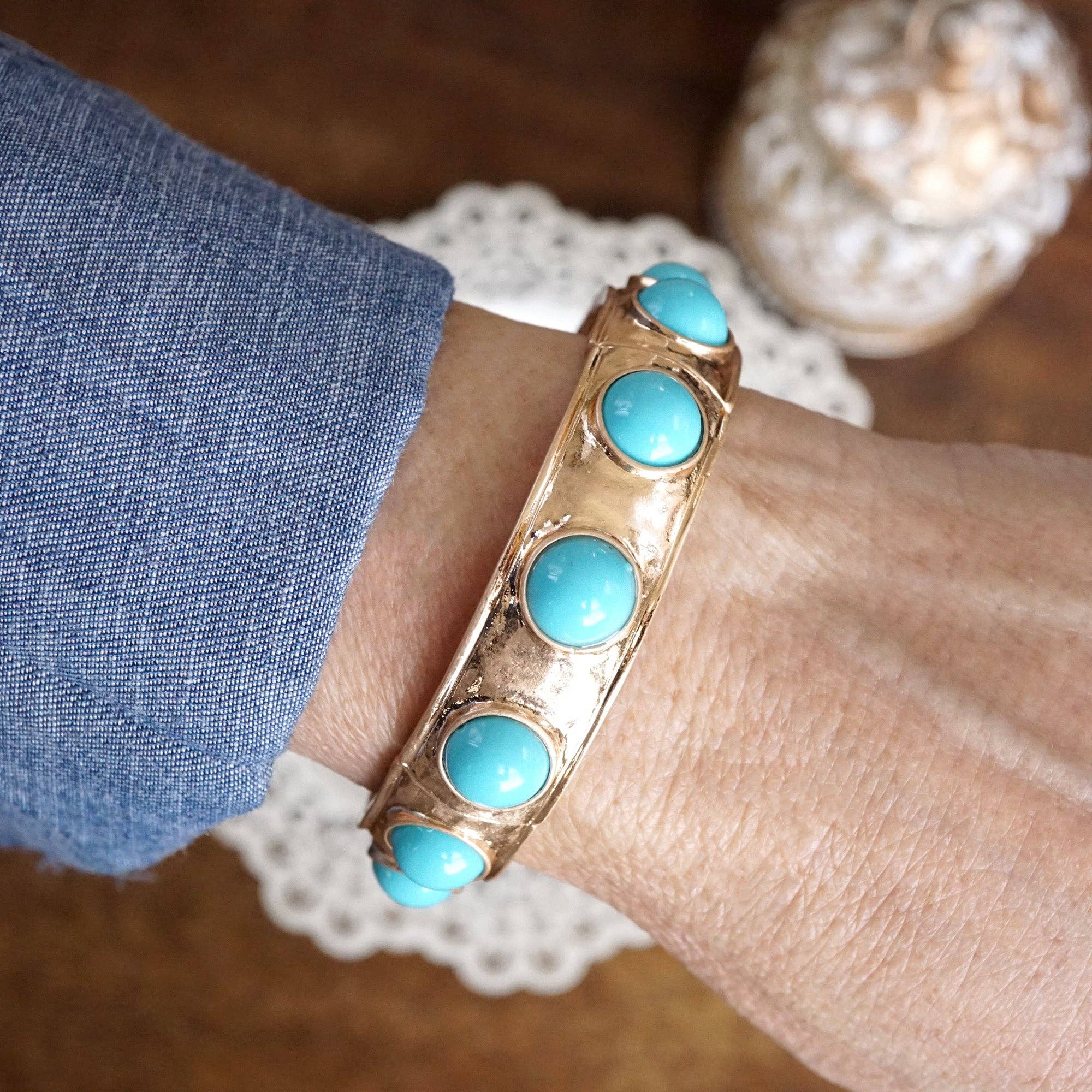 Eternity Statement Bangle Gold Tone Turquoise