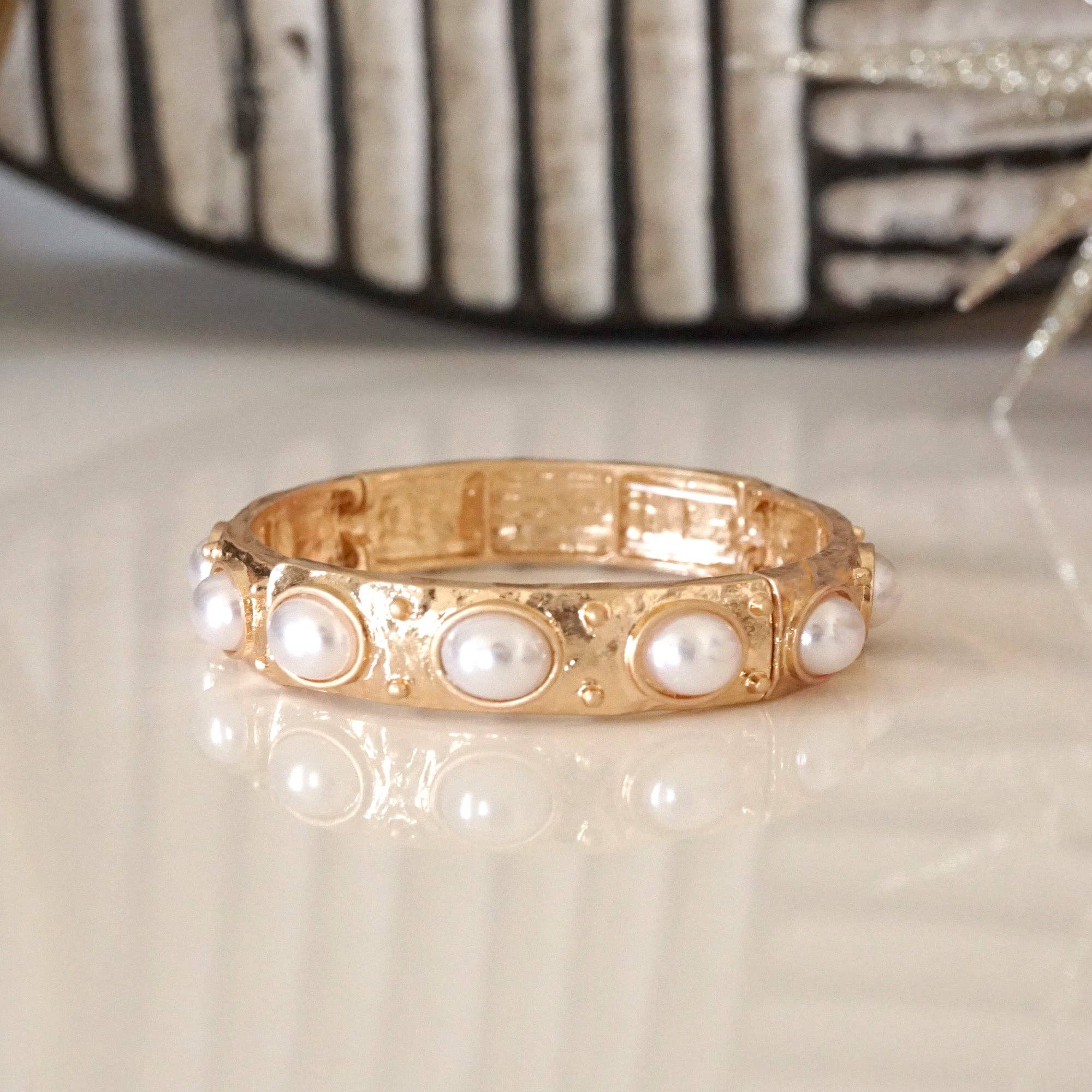 Classic Golden Stretchy Bangles – Pearl or Turquoise Accents