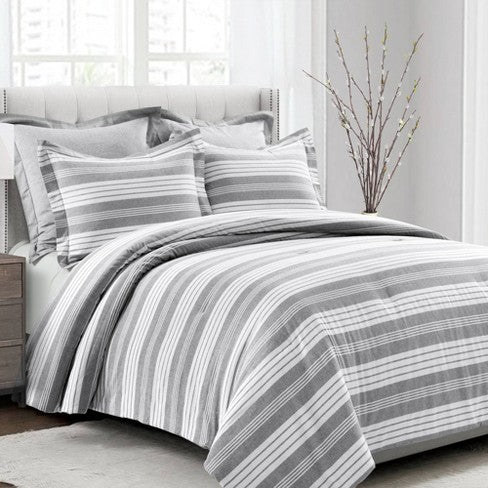 KNK012  Chambray yarn dyed stripe Full/Queen Comforter Set (Gray)