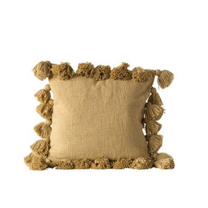 DF0666   18" Square Cotton Woven Slub Pillow w/ Tassels, Mustard Color DF0666