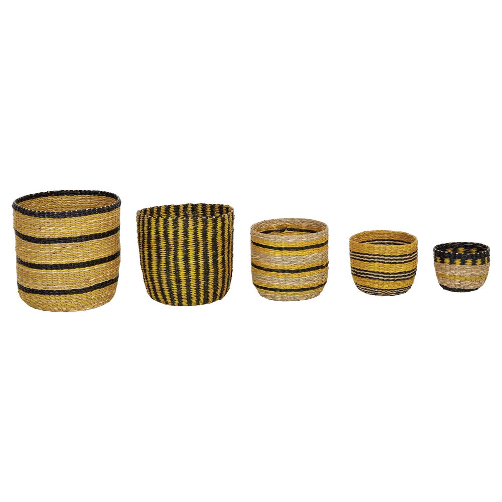 DF3063  Hand-Woven Seagrass Striped Baskets, Black & Yellow, 1 set of 3