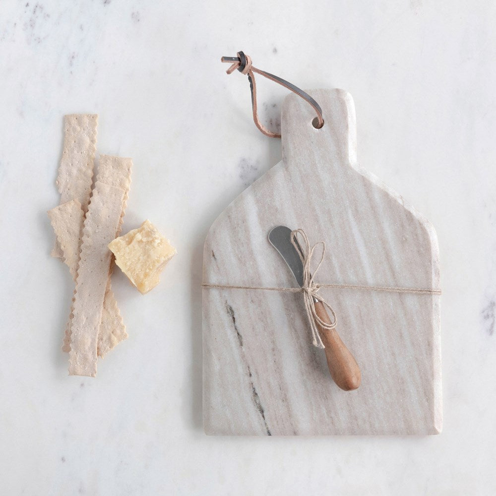 DF3955  12"L x 8"W Marble Cheese/Cutting Board w/ Canape Knife, Buff Color, Set